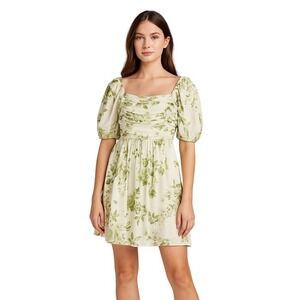 Blu Pepper Cream Green Floral Puff Sleeve Milkmaid Dress sz M Cottagecore Garden